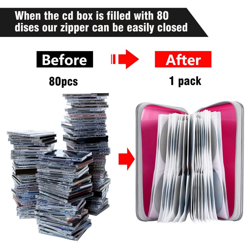 Siveit CD Case Holder, 80 Capacity CD/DVD Case Holders Wallet Hard Plastic CD DVD Disc Cases Storage Binder for Car Home Office Travel (Hot Pink) - Image 4